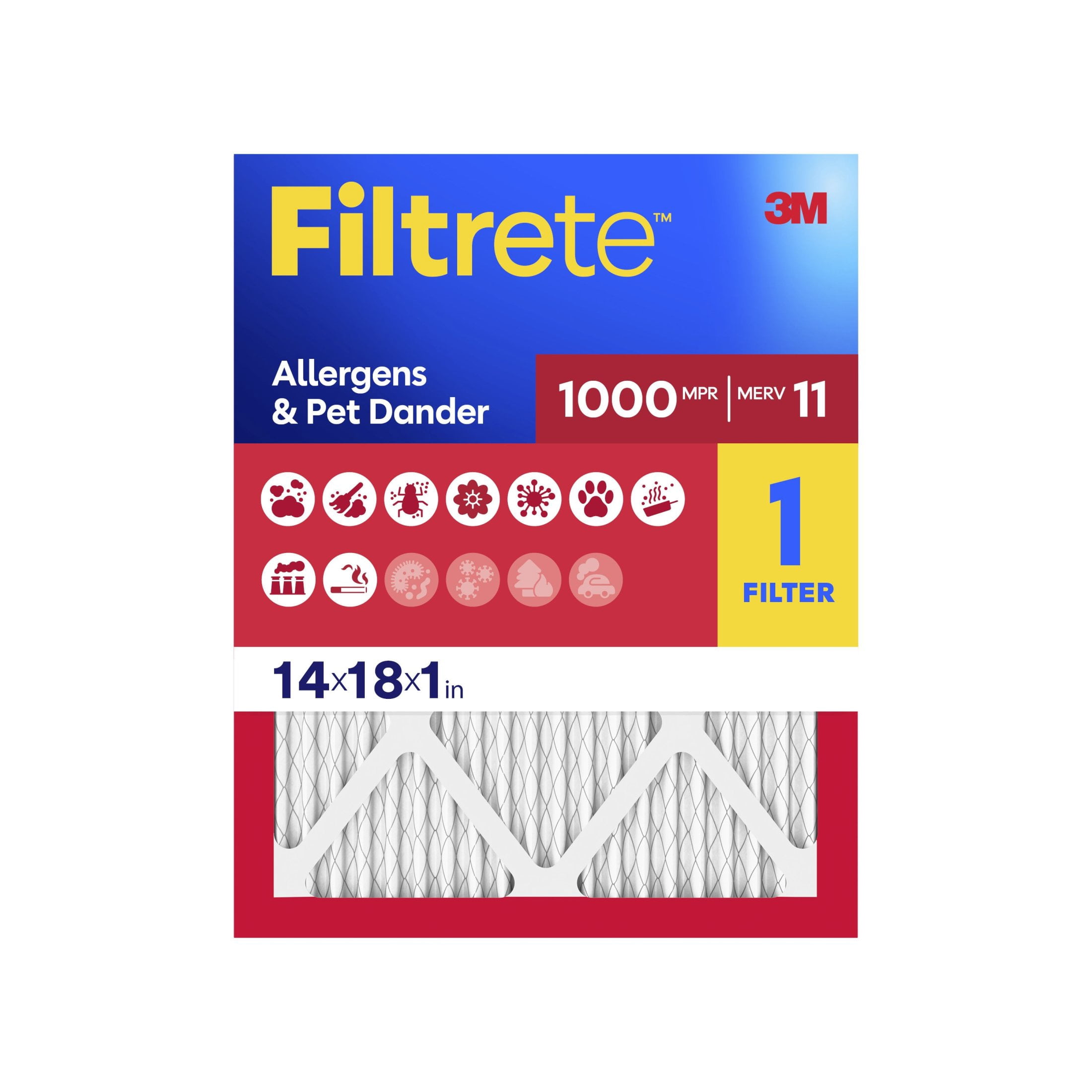 Filtrete 14x18x1 HVAC Furnace Air Filter, MPR 1000 MERV 11, Allergens & Pet Dander, 1 Filter
