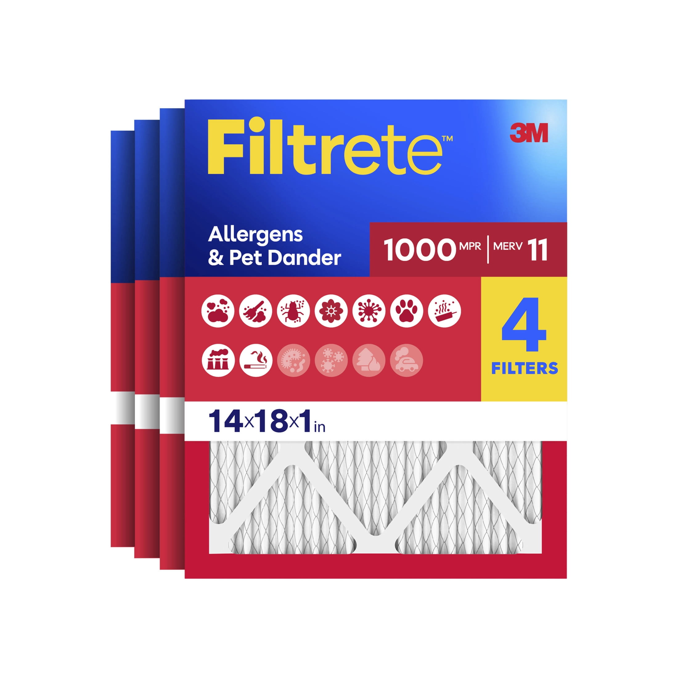 Filtrete 14x18x1 HVAC Furnace Air Filter, MPR 1000 MERV 11, Allergens & Pet Dander, 4 Pack