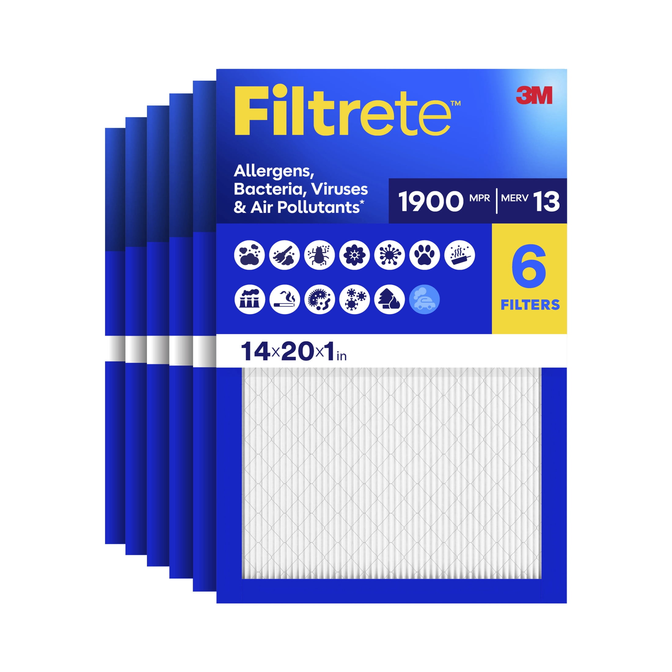 Filtrete 14x20x1 HVAC Furnace Air Filter, MPR 1900 MERV 13, Allergens Bacteria, Viruses & Air Pollutants, 6 Pack