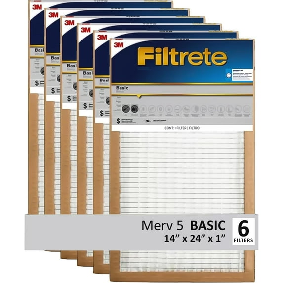 Filtrete 14x24x1 Air Filter, 3M MERV 5 HVAC AC Furnace Filter Replacement, 6-Pack (Actual Size 13.81x23.81x0.88 in)