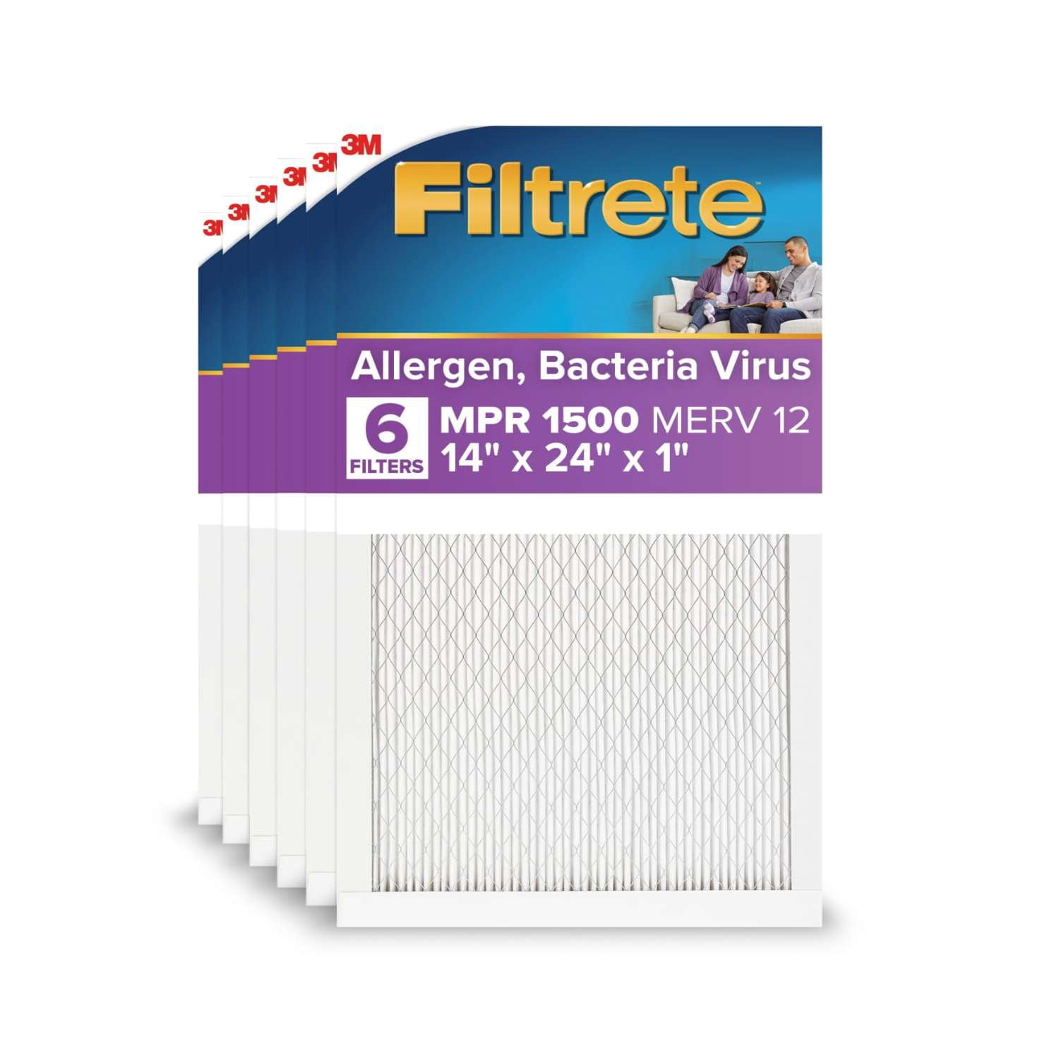 Filtrete 14x24x1 HVAC Furnace Air Filter, MPR 1500 MERV 12, Allergen, Bacteria, Virus, 6 Pack