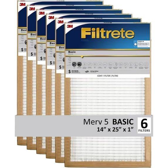 Filtrete 14x25x1 Air Filter, 3M MERV 5 HVAC AC Furnace Filter Replacement, 6-Pack (Actual Size 13.81x24.81x0.88 in)