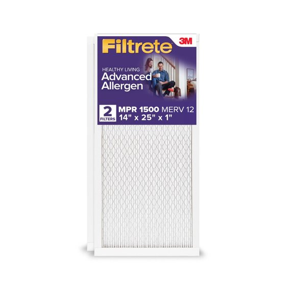 Filtrete 14x25x1 Air Filter, MPR 1500 MERV 12, Advanced Allergen Reduction, 2 Filters