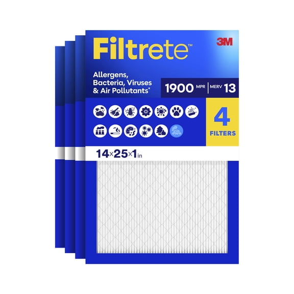 Filtrete 14x25x1 HVAC Furnace Air Filter, MPR 1900 MERV 13, Ultimate Allergen Reduction, 4 Pack