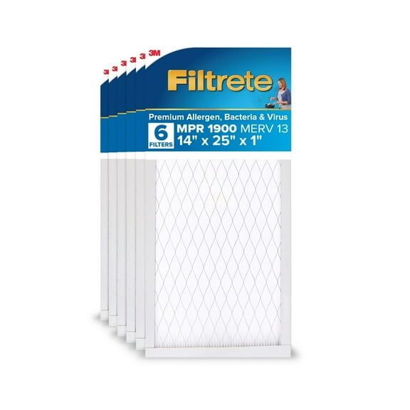 Filtrete 14x25x1 HVAC Furnace Air Filter, MPR 1900 MERV 13, Premium Allergen, Bacteria and Virus, 6 Pack