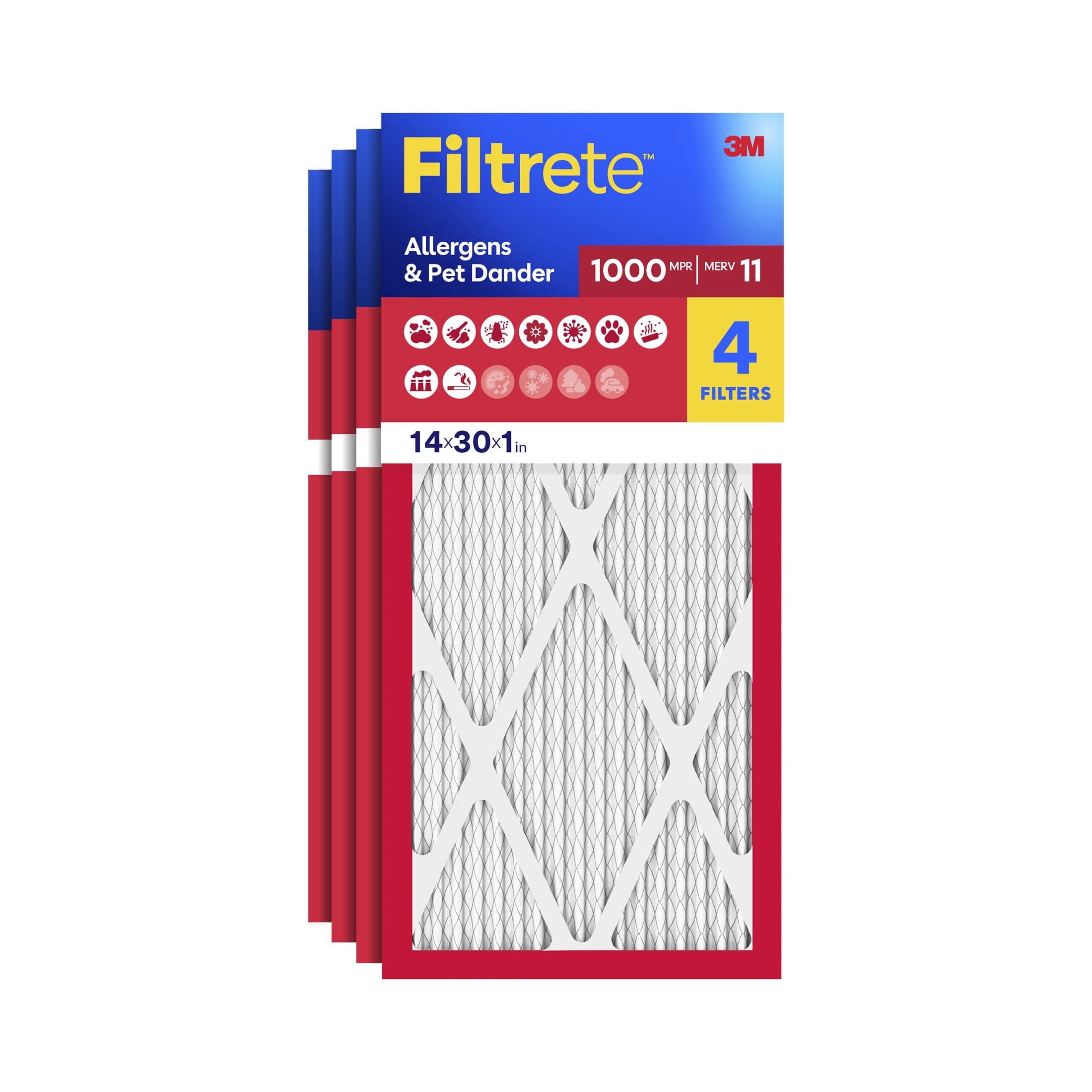 Filtrete 14x30x1 HVAC Furnace Air Filter, MPR 1000 MERV 11, Allergens & Pet Dander, 4 Pack
