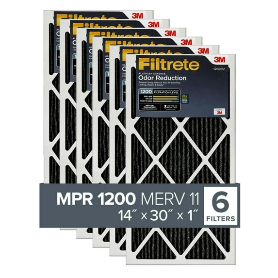Filtrete 14x30x1 Air Filter, MPR 1200, MERV 11, Allergen Defense Odor Reduction 3-Month Pleated 1-Inch Air Filters, 6 Filters, Black