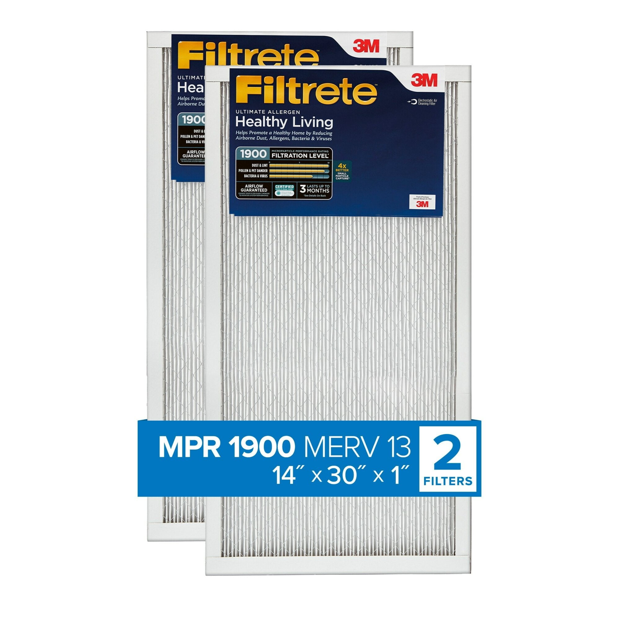 Filtrete 14x30x1 Air Filter, MPR 1900, MERV 13, Healthy Living Ultimate Allergen 3-Month Pleated 1-Inch Air Filters, 2 Filters