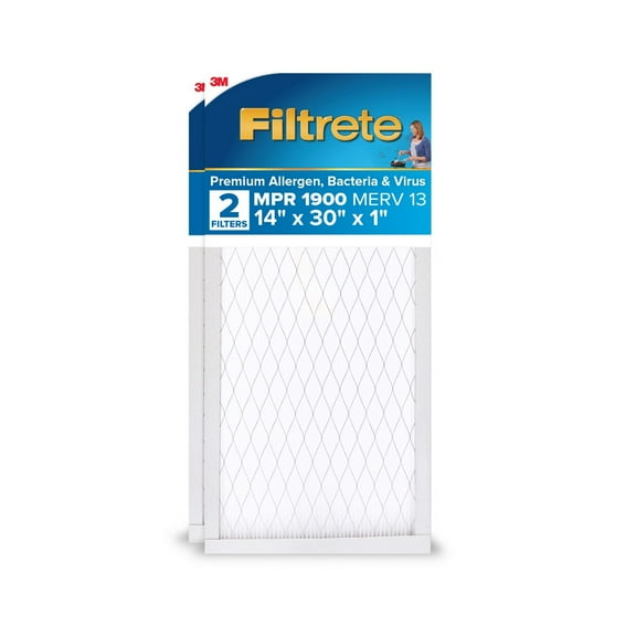 Filtrete 14x30x1 HVAC Furnace Air Filter, MPR 1900 MERV 13, Premium Allergen, Bacteria and Virus, 2 Pack