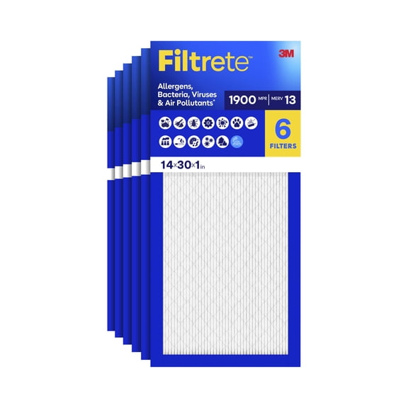Filtrete 14x30x1 HVAC Furnace Air Filter, MPR 1900 MERV 13, Premium Allergen, Bacteria and Virus, 6 Pack