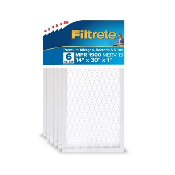 Filtrete 14x30x1 HVAC Furnace Air Filter, MPR 1900 MERV 13, Premium Allergen, Bacteria and Virus, 6 Pack