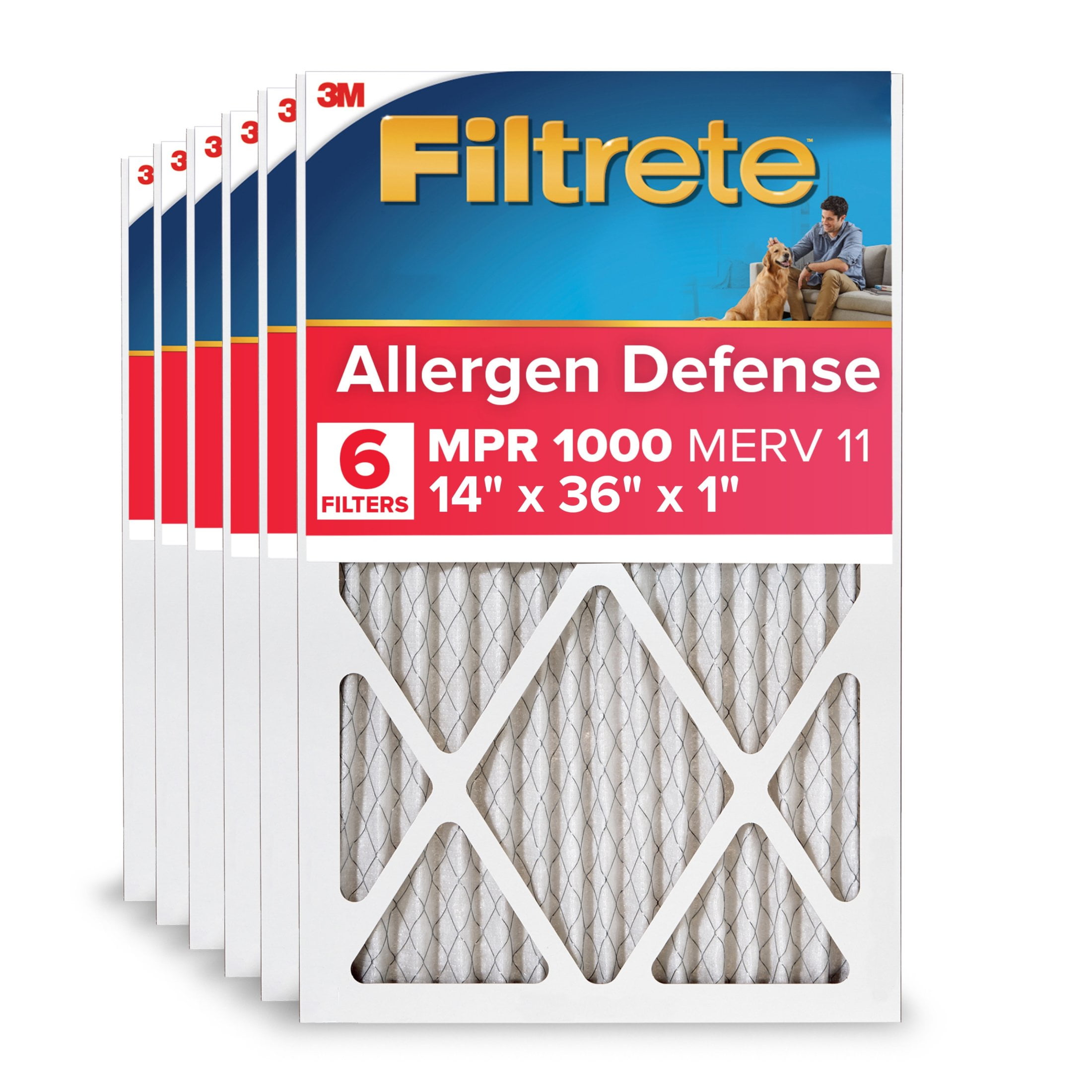 Filtrete 14x36x1 HVAC Furnace Air Filter, MPR 1000 MERV 11, Allergen Defense, 6 Pack
