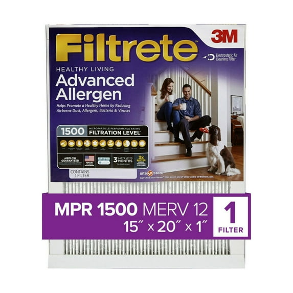 Filtrete 15x20x1 Air Filter, MPR 1500 MERV 12, Advanced Allergen Reduction, 1 New Filter