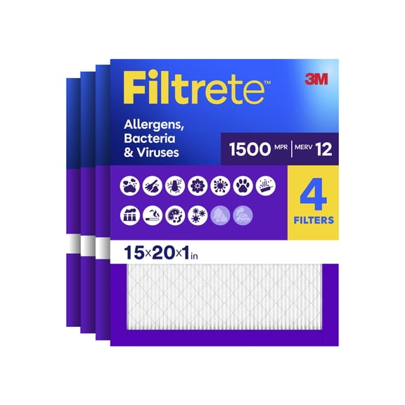 Filtrete 15x20x1 HVAC Furnace Air Filter, MPR 1500 MERV 12, Allergen, Bacteria, Virus, 4 Pack