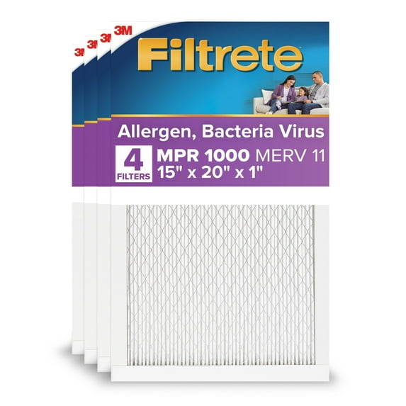 Filtrete 15x20x1 HVAC Furnace Air Filter, MPR 1500 MERV 12, Allergen, Bacteria, Virus, 4 Pack