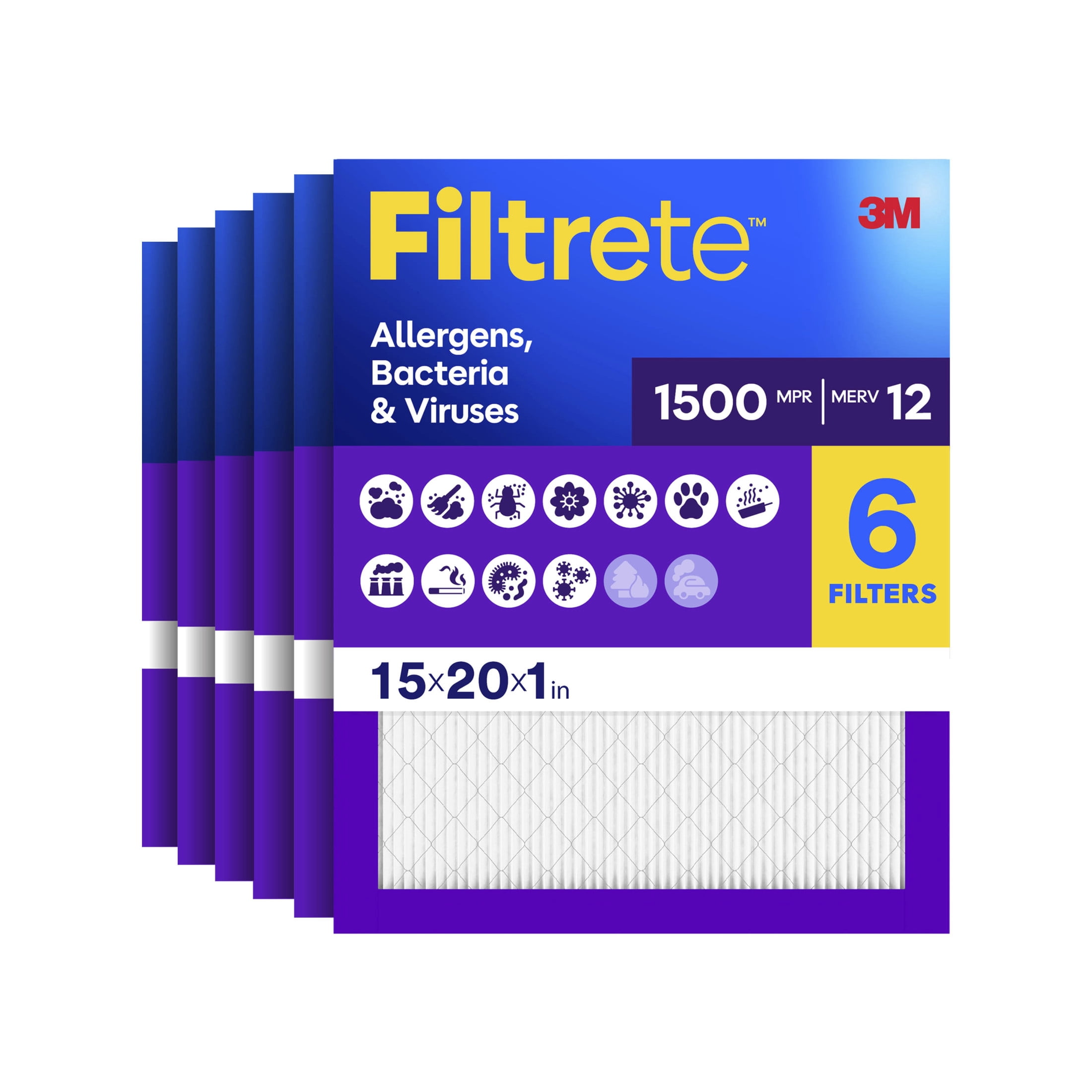 Filtrete 15x20x1 HVAC Furnace Air Filter, MPR 1500 MERV 12, Allergens, Bacteria & Viruses, 6 Pack