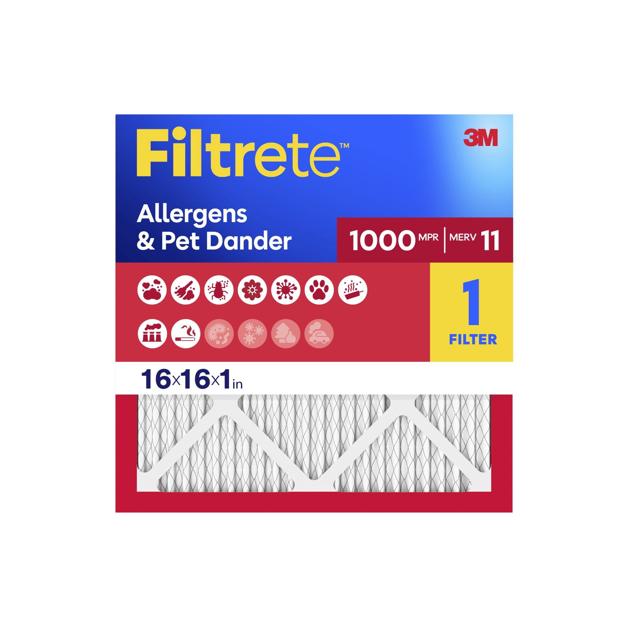 Filtrete 16x16x1 HVAC Furnace Air Filter, MPR 1000 MERV 11, Allergens & Pet Dander, 1 Filter