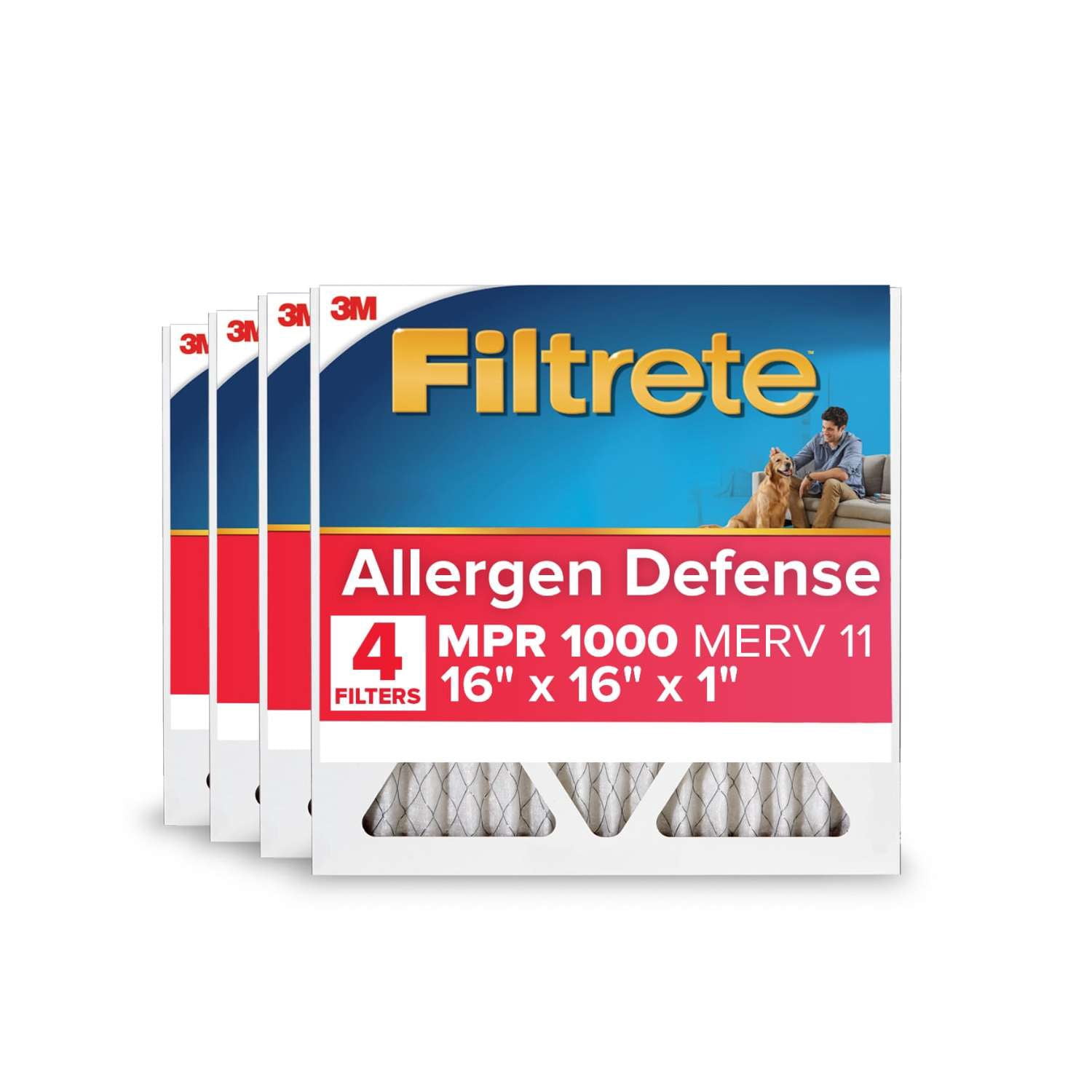 Filtrete 16x16x1 HVAC Furnace Air Filter, MPR 1000 MERV 11, Allergen Defense, 4 Pack