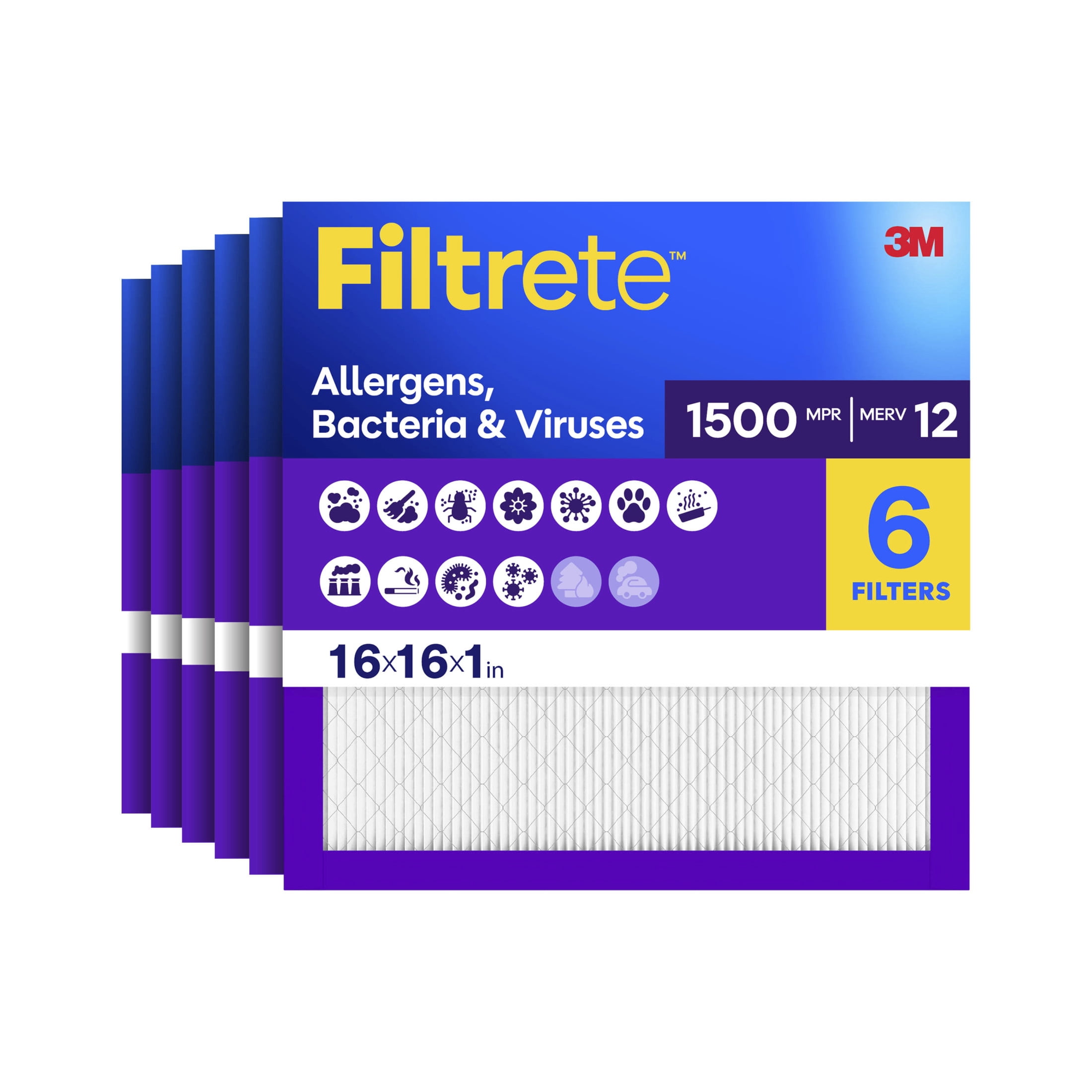 Filtrete 16x16x1 HVAC Furnace Air Filter, MPR 1500 MERV 12, Allergens, Bacteria & Viruses, 6 Pack