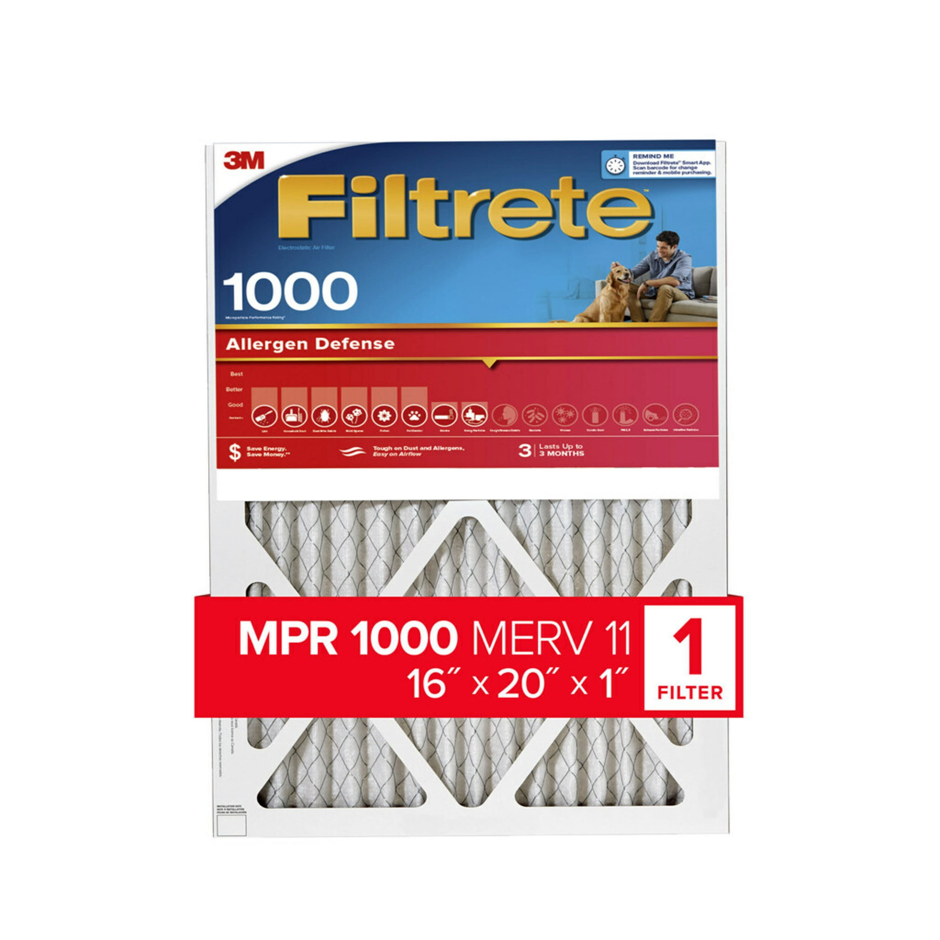 Filtrete 16x20x1 Air Filter, MPR 1000 MERV 11, Allergen Defense, 1