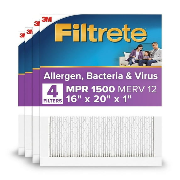 Filtrete 16x20x1 HVAC Furnace Air Filter, MPR 1500 MERV 12, Allergen, Bacteria, Virus, 4 Pack