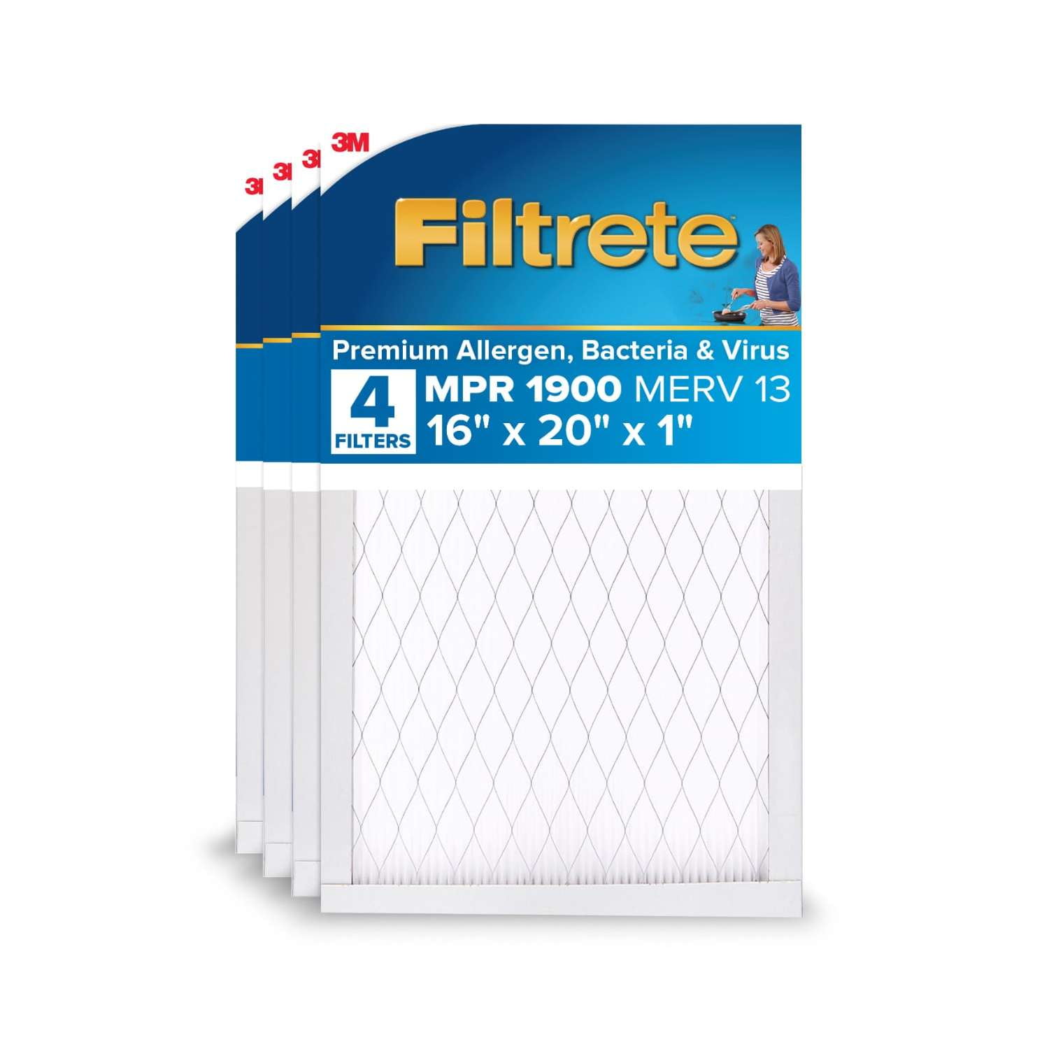 Filtrete 16x20x1 HVAC Furnace Air Filter, MPR 1900 MERV 13, Ultimate Allergen Reduction, 4 Pack