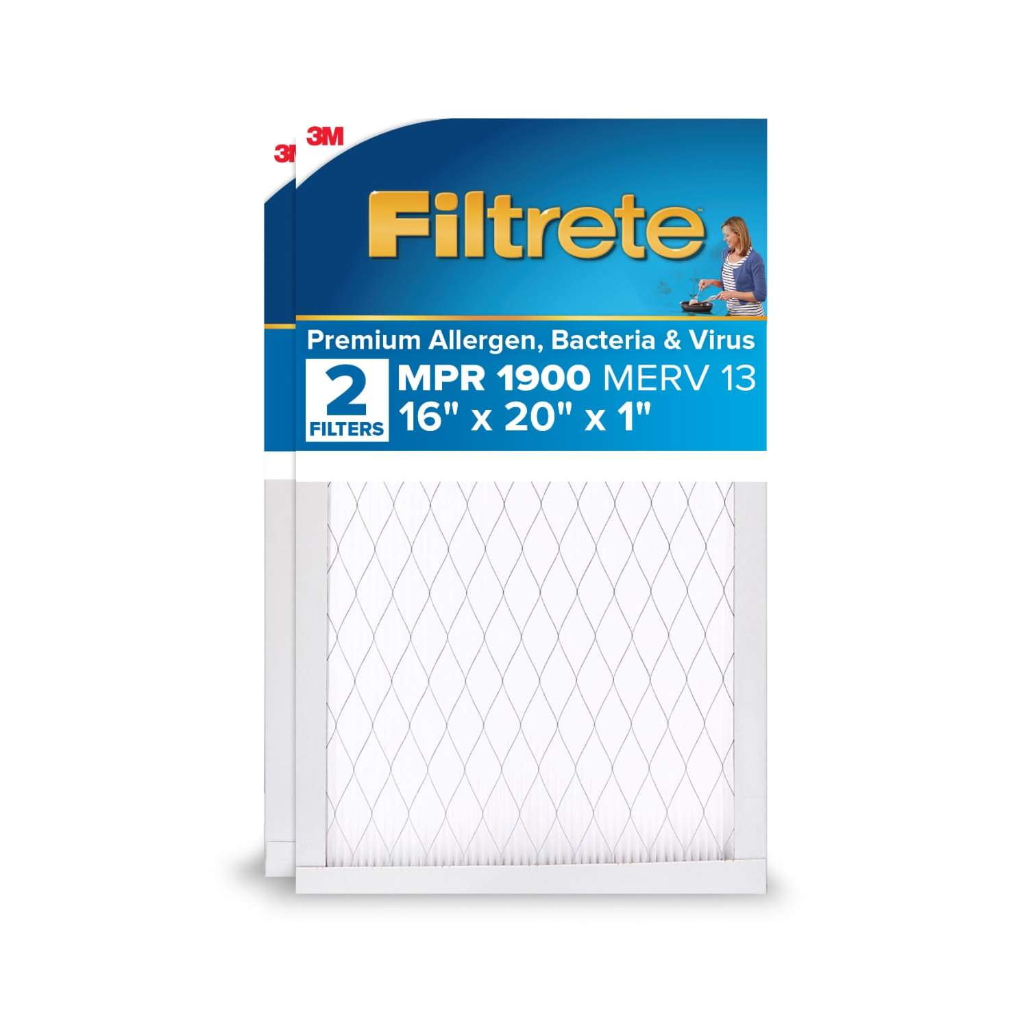 Filtrete 16x20x1 HVAC Furnace Air Filter, MPR 1900 MERV 13, Premium Allergen, Bacteria and Virus, 2 Pack