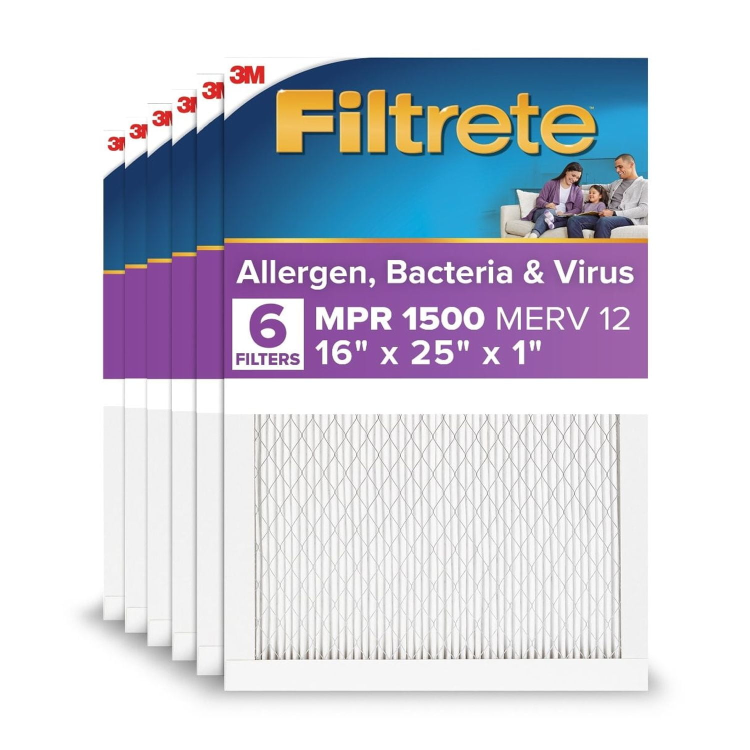 Filtrete 16x25x1 HVAC Furnace Air Filter, MPR 1500 MERV 12, Allergen, Bacteria, Virus, 6 Pack
