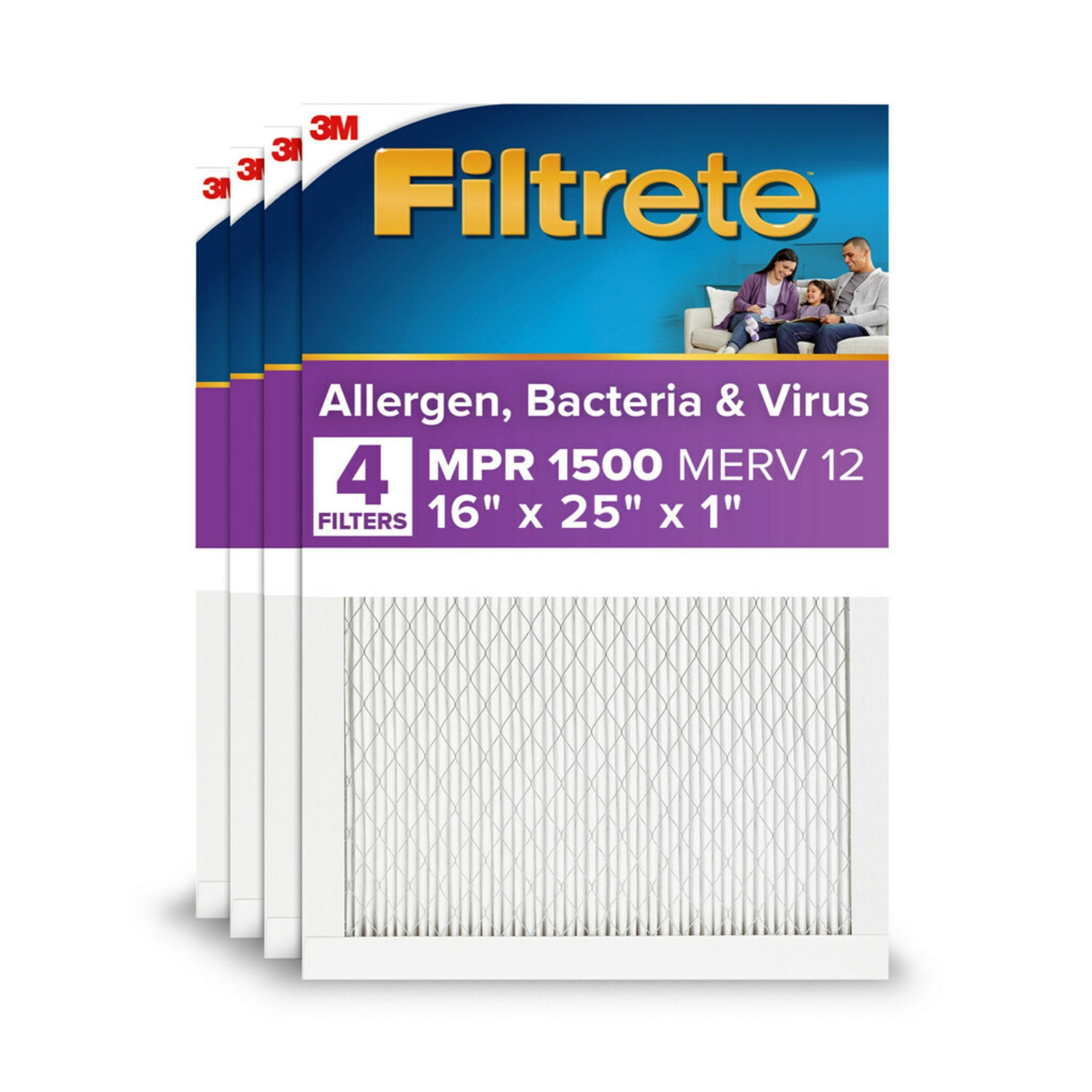 Filtrete 16x25x1 Air Filter, MPR 1500 MERV 12, Allergen, Bacteria, Virus, 4 Filters