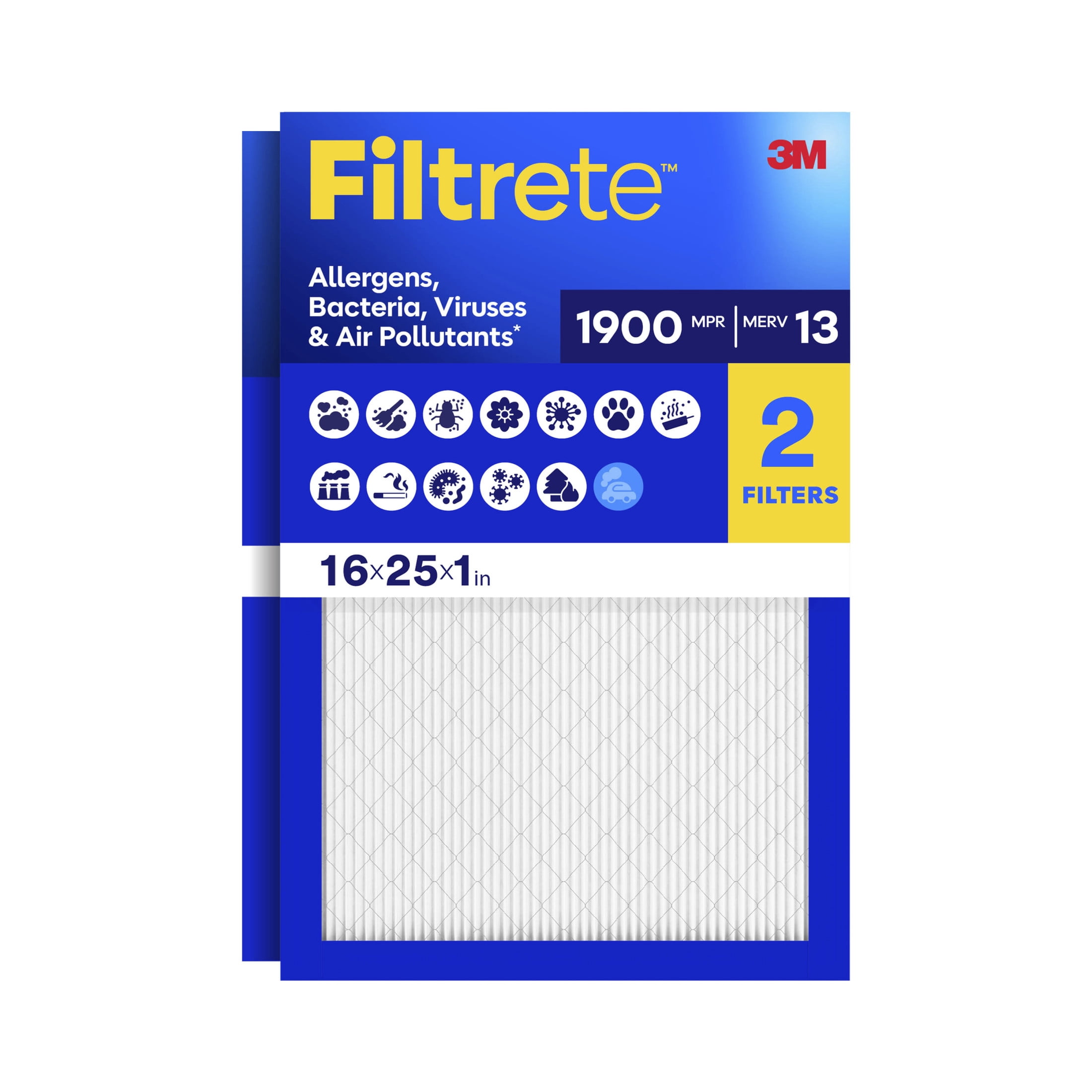 Filtrete 16x25x1 HVAC Furnace Air Filter, MPR 1900 MERV 13, Premium Allergen, Bacteria and Virus, 2 Pack