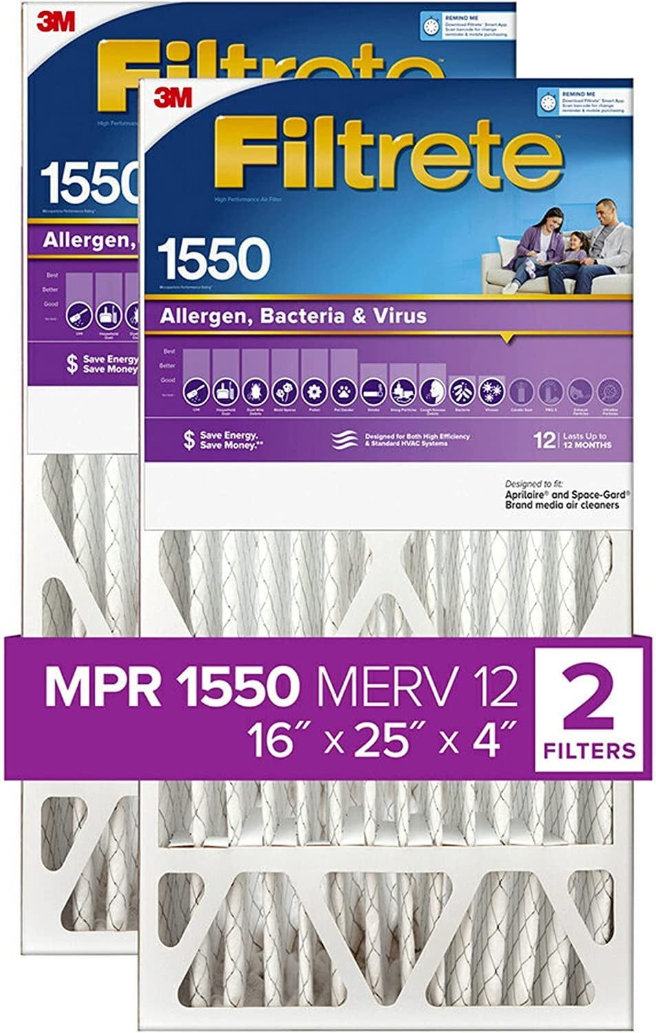Filtrete 16x25x4, AC Furnace Air Filter, MPR 1550 DP, Healthy Living