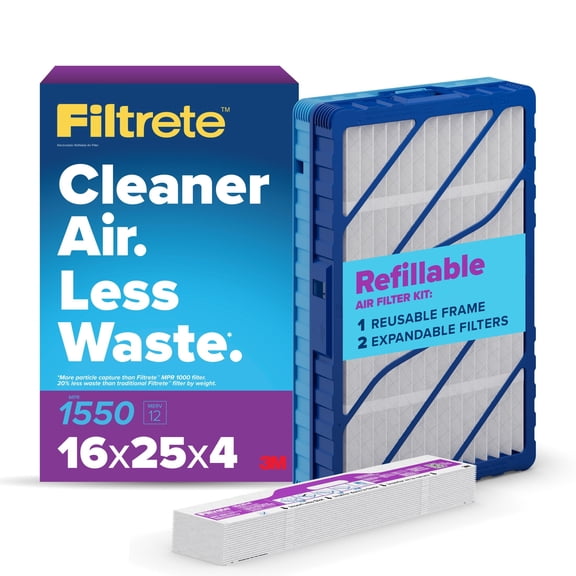 Open Box Filtrete 16x25x4 Refillable Air Filter Kit, MPR 1550 MERV 12, Ultra Allergen Reduction, 1 Reusable Frame with 2 HVAC Filters