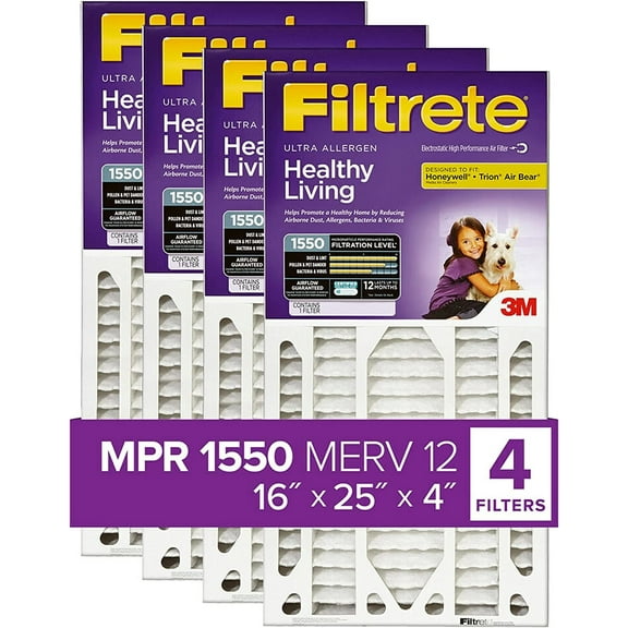 Filtrete 16x25x4SlimFit, AC Furnace Air Filter, MPR 1550 DP, Healthy Living Ultra Allergen Deep Pleat, 4-Pack actual dimensions 15.5 x 24.5 x 3.75