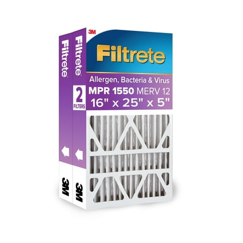 Filtrete 16x25x5 HVAC Furnace Air Filter, MPR 1550 MERV 12, Allergens, Bacteria & Viruses, 2 Pack