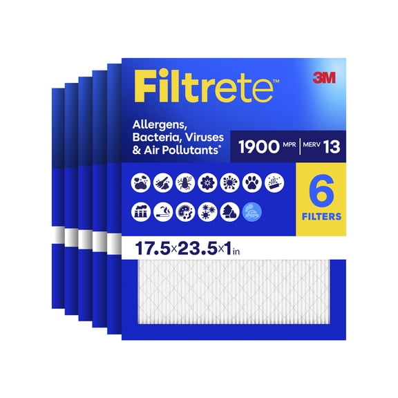 Filtrete 17.5x23.5x1 HVAC Furnace Air Filter, MPR 1900 MERV 13, Premium Allergen, Bacteria and Virus, 6 Pack
