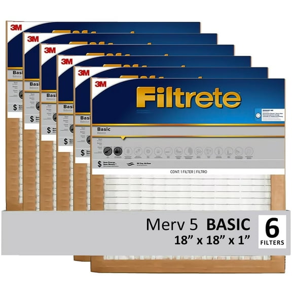 Filtrete 18x18x1 Air Filter, 3M MERV 5 HVAC AC Furnace Filter Replacement, 6-Pack Actual Size 17.81x17.81x.88 in