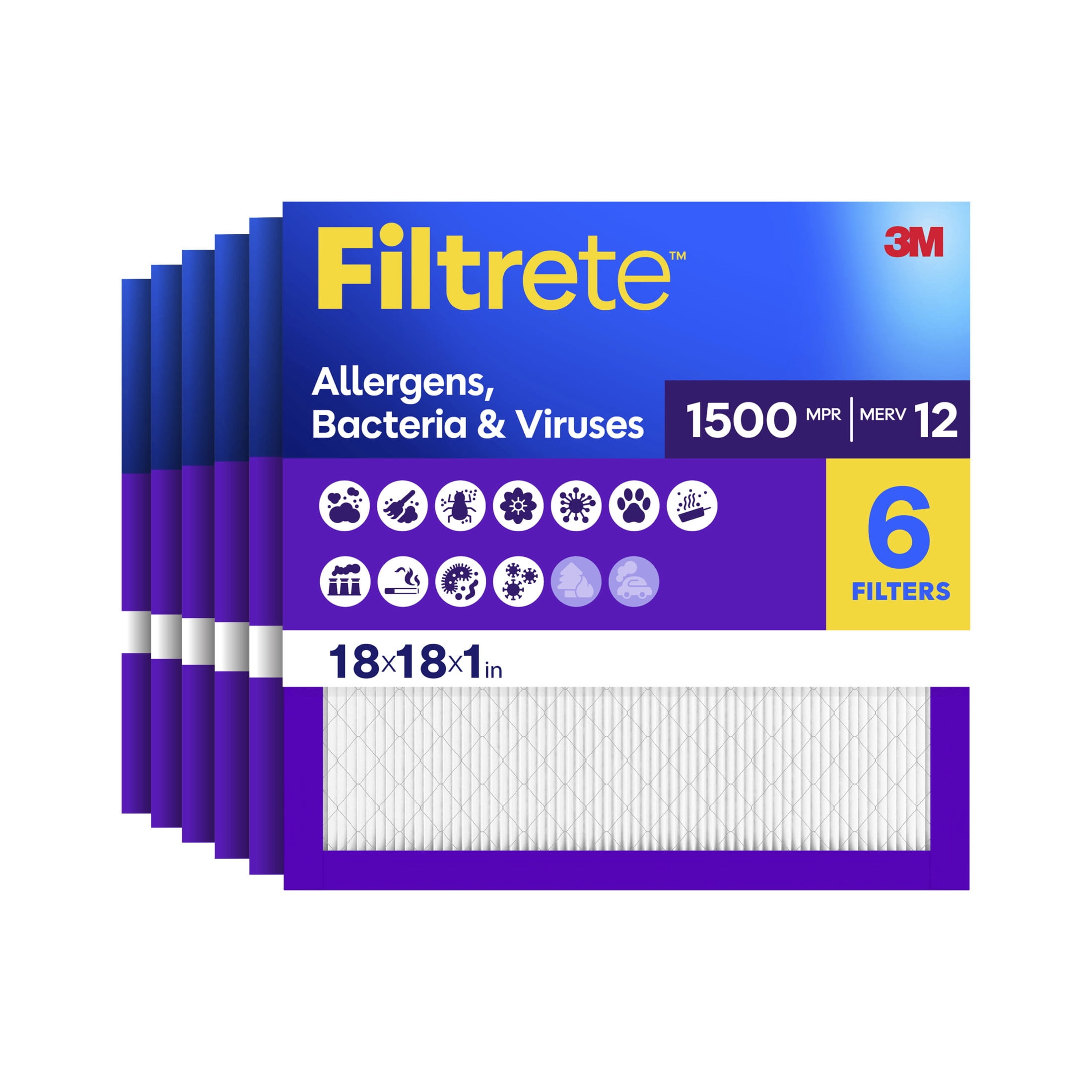 Filtrete 18x18x1 HVAC Furnace Air Filter, MPR 1500 MERV 12, Allergens, Bacteria & Viruses, 6 Pack