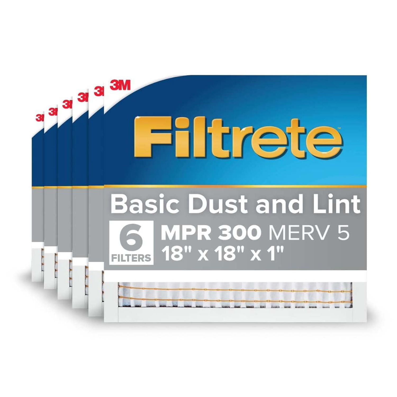 Filtrete 18x18x1 HVAC Furnace Air Filter, MPR 300 MERV 5, Dust Reduction, 6 Pack