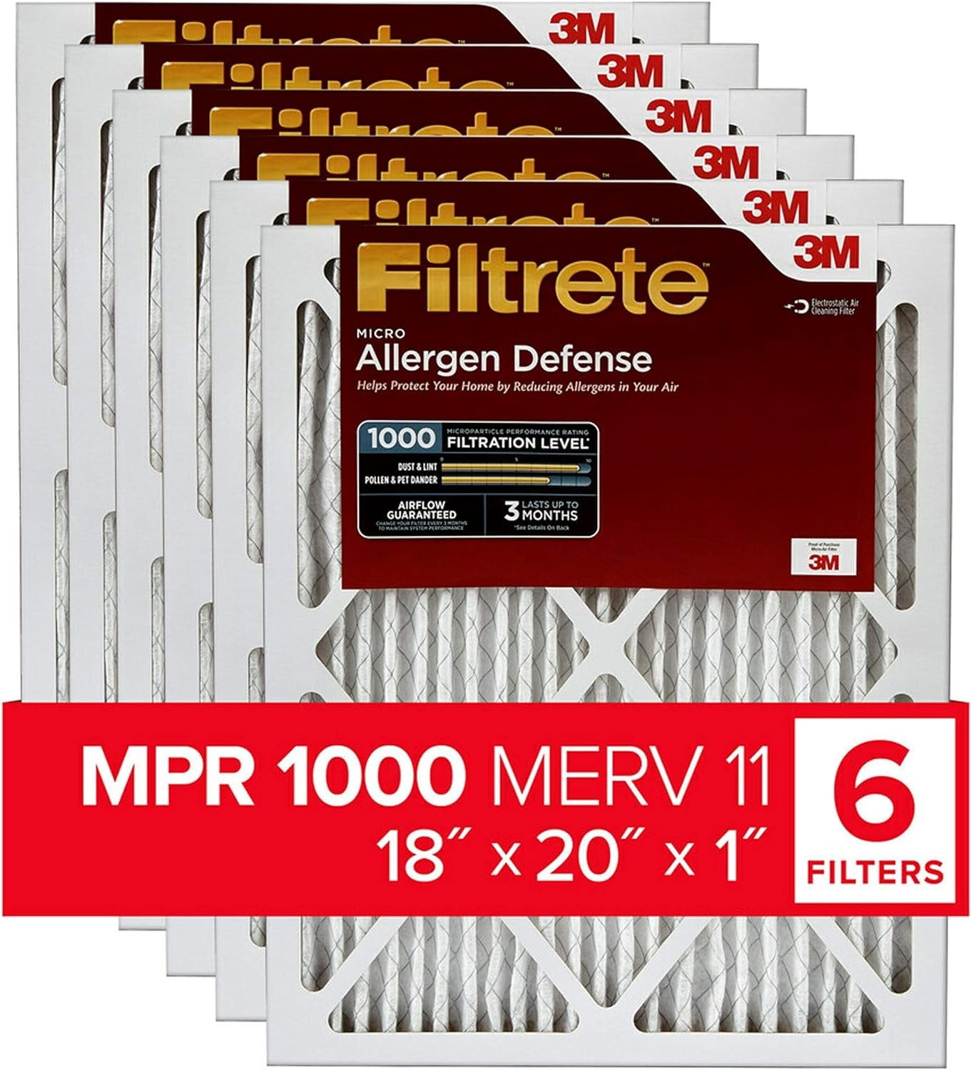 Filtrete 18x20x1 Air Filter MPR 1000 MERV 11, Allergen Defense, 6-Pack exact dimensions 17.81x19.81x0.81