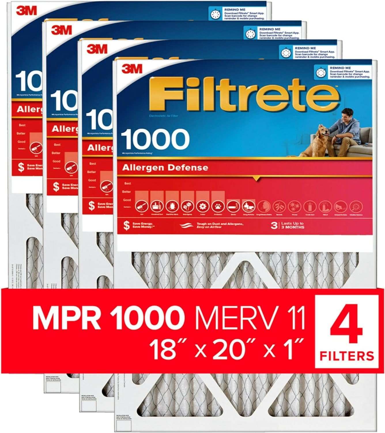 Filtrete 18x20x1 Air Filter, MPR 1000, MERV 11, Micro Allergen Defense 3-Month Pleated 1-Inch Air Filters, 4 Filters