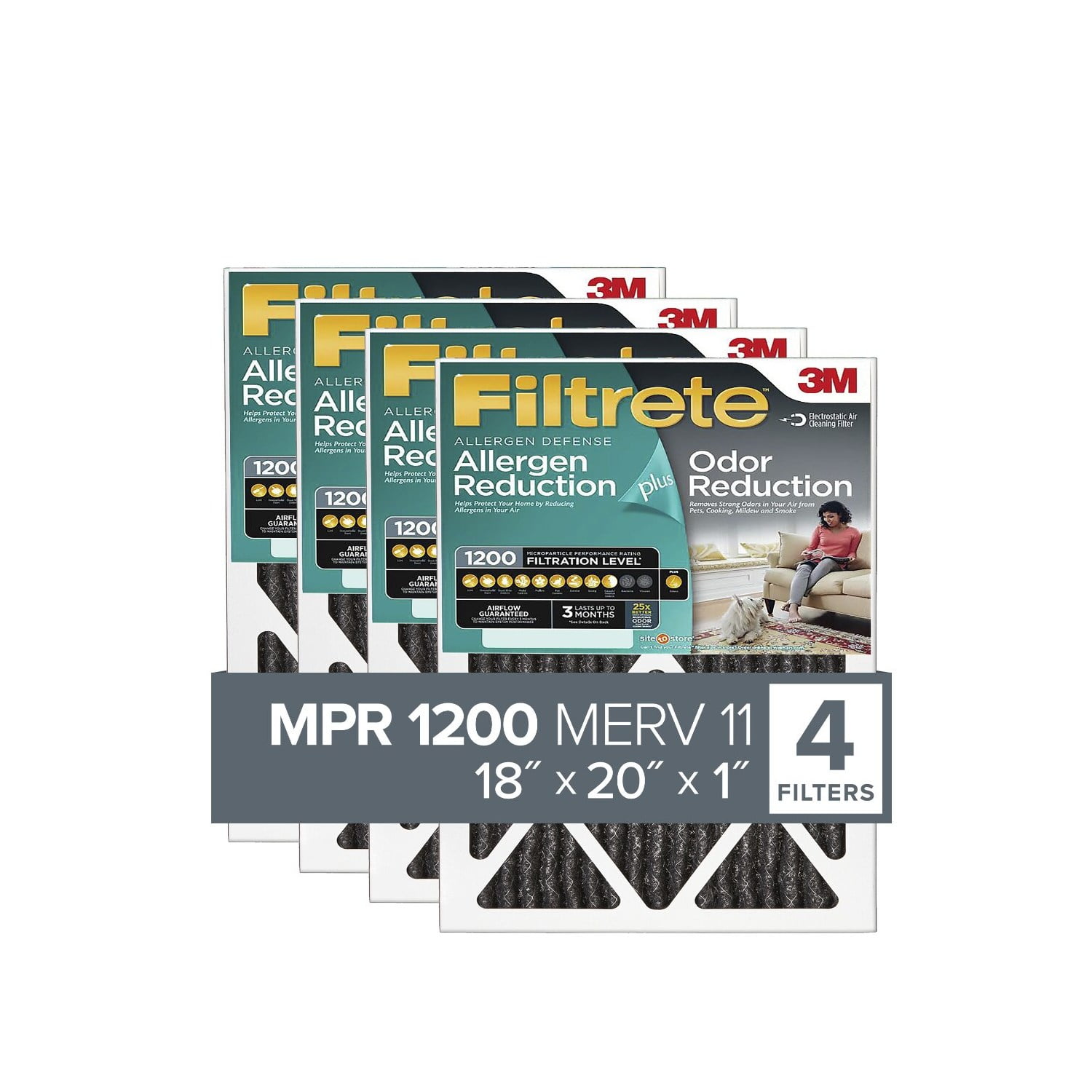 Filtrete 18x20x1 Air Filter, MPR 1200 MERV 11, Allergen Plus Odor Reduction, 4 Filters