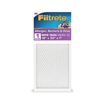 Filtrete 18x30x1 HVAC Furnace Air Filter, MPR 1500 MERV 12, Allergen, Bacteria and Virus, 1 Filter