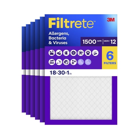Filtrete 18x30x1 HVAC Furnace Air Filter, MPR 1500 MERV 12, Allergens, Bacteria & Viruses, 6 Pack