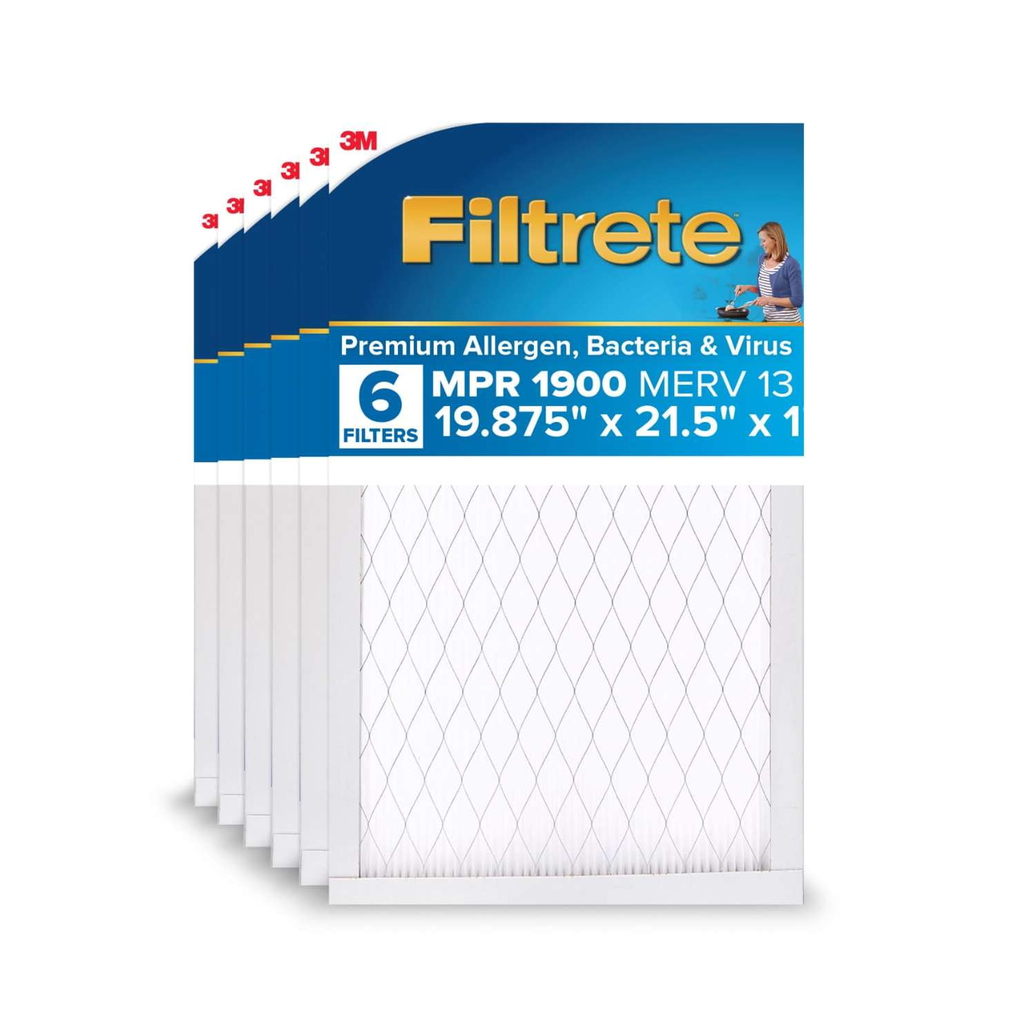 Filtrete 19.875x21.5x1 HVAC Furnace Air Filter, MPR 1900 MERV 13, Premium Allergen, Bacteria and Virus, 6 Pack