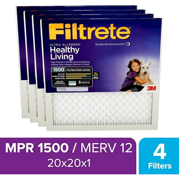 Filtrete 20x20x1, AC Furnace Air Filter, MPR 1500, Healthy Living Ultra Allergen, 4-Pack