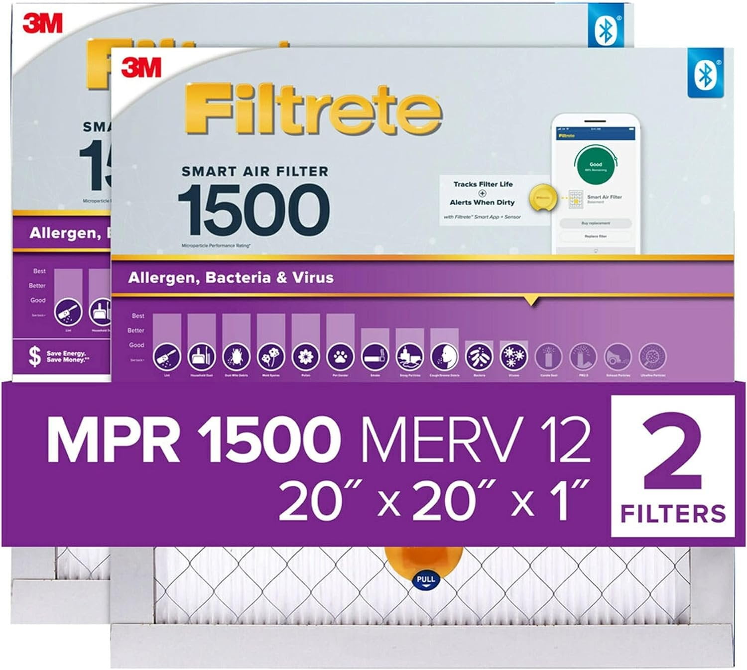 Filtrete 20x20x1 Smart Air Filter, MPR 1500 MERV 12, 1-Inch Allergen, Bacteria and Virus Air Filters for ACs and Furnaces, 2 Filters