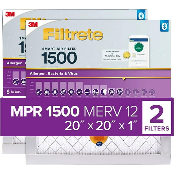 Filtrete 20x20x1 Smart Air Filter, MPR 1500 MERV 12, 1-Inch Allergen, Bacteria and Virus Air Filters for ACs and Furnaces, 2 Filters