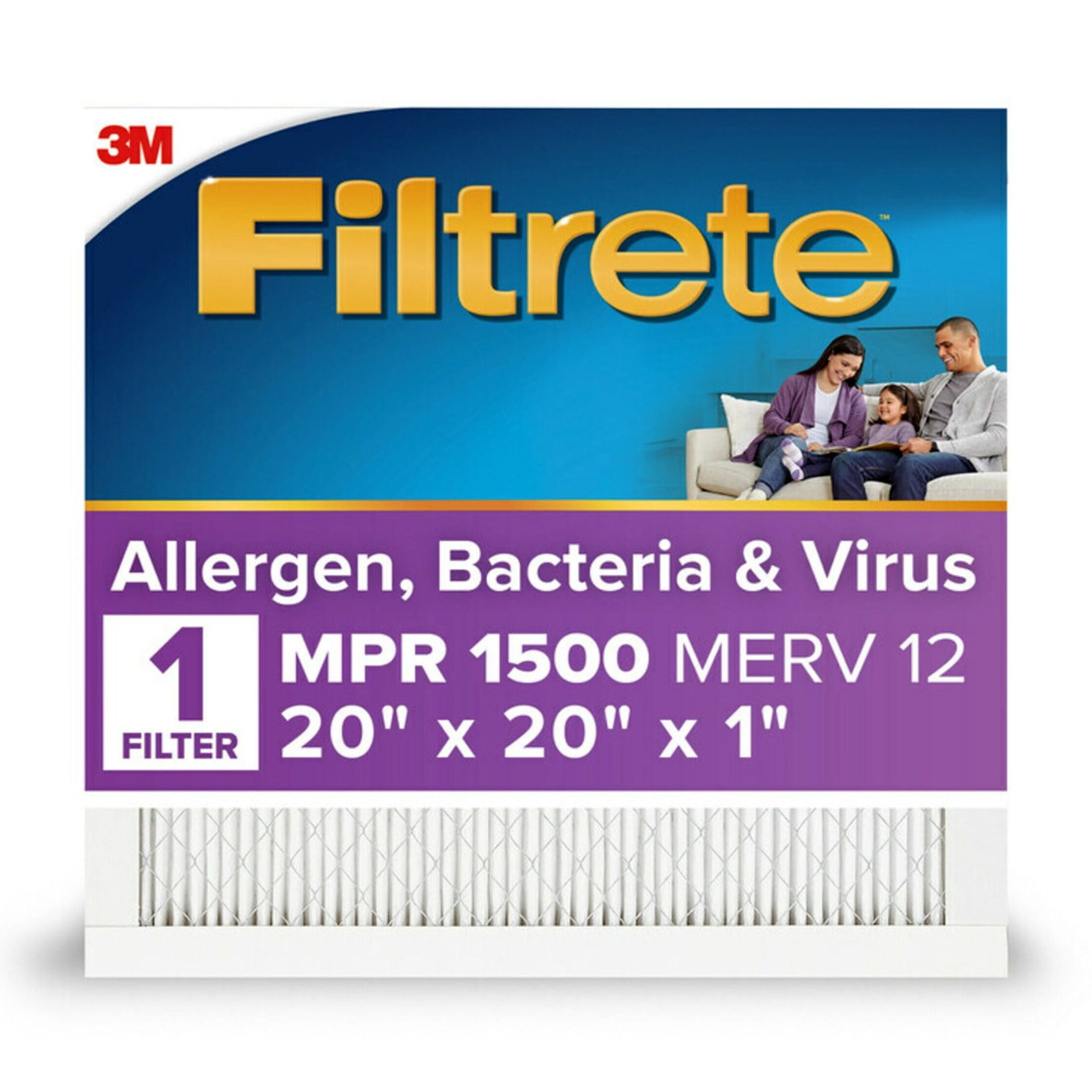 Filtrete 20x20x1 Air Filter, MPR 1500 MERV 12, Allergen, Bacteria and Virus, 1 Filter