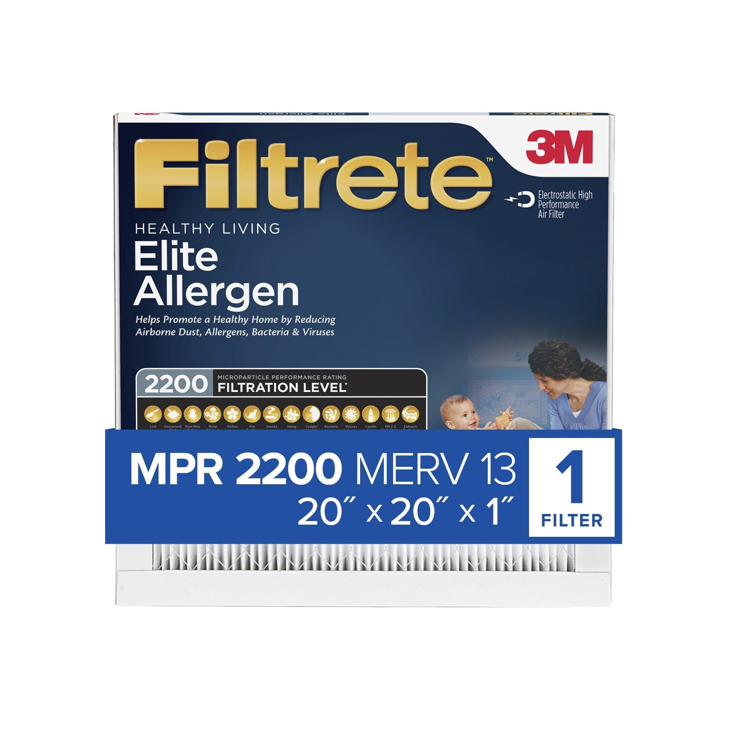 Filtrete 20x20x1 HVAC Furnace Air Filter, MPR 2200 MERV 13, Elite Allergen Reduction, 1 Filter