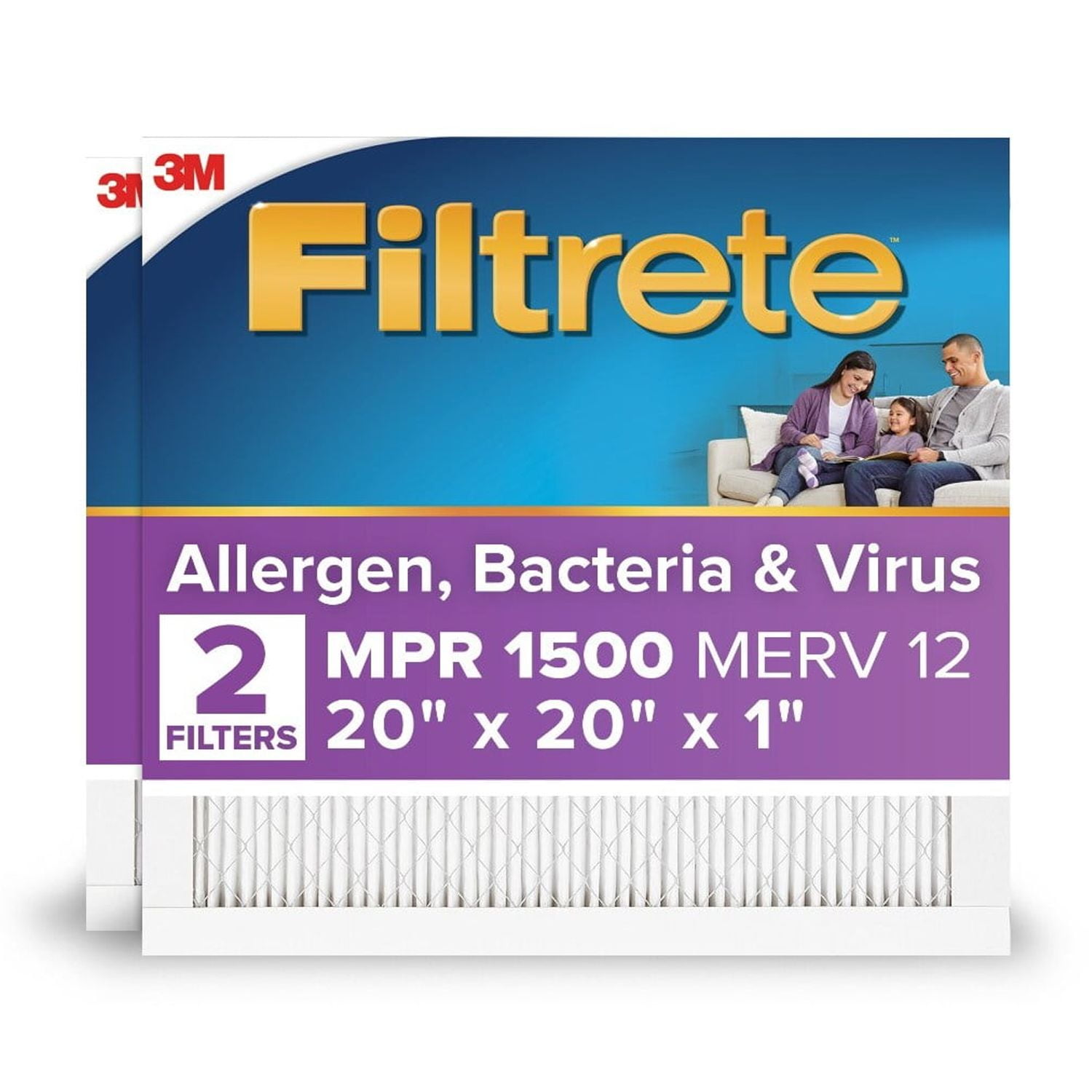 Filtrete 20x20x1 HVAC Furnace Air Filter, MPR 1500 MERV 12, Advanced Allergen Reduction, 2 Pack